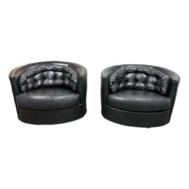 Vintage Barrel Swivel Black Vinyl Chairs, a Pair