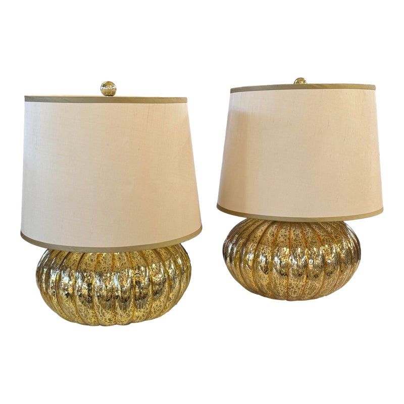Jamie Young Antique Gold Ribbed Table Lamps, a Pair - Design Plus Gallery