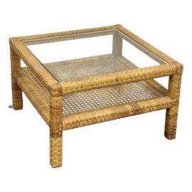 Vintage Rattan, Cane + Glass Coffee Table