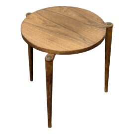 Mid 20th Century Wood + Brass Round Side Table