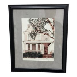Circa 2005 Signed Original Architectural Sketch of Victorian House, Framed
