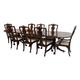 Late 20th Century Bernhardt British Colonial Cherry Wood Finish Double Pedestal Extension Dining Table + Eight Dining Chairs, Set