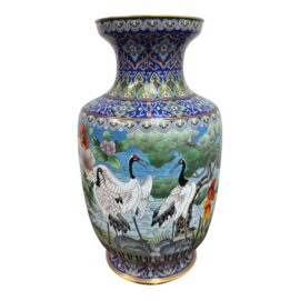 Vintage Cloisonné Vase With Cranes + Floral Design