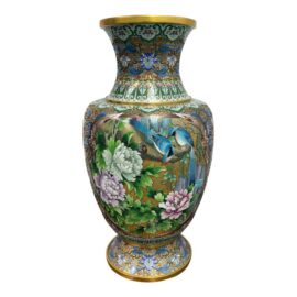 Vintage Cloisonné Vase With Blue Sparrows Resting in Flowering Trees. Original Price: $3,700