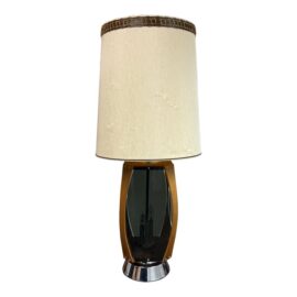 Mid 20th Century Lawrin Walnut, Chrome + Smoked Plexiglass Table Lamp With Interior Lights