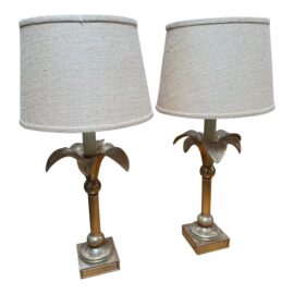 Tommy Bahama Palm Tree Brass Table Lamps, a Pair
