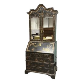 Modern History Mirrored Ebony With Gold Hand Painted Chinoserie Secrétaire