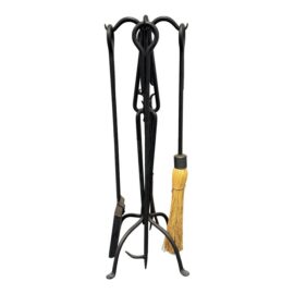 Vintage Wrought Iron Fireplace Tools, Set of Four + Stand