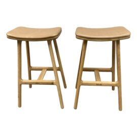 Article Esse Leather Counter Stools in Light Oak + Roam Tan Seat, Pair. Original Price: $600