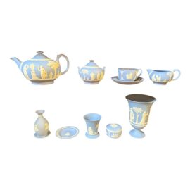 Wedgwood Blue + White Jasperware Mayflower, Set of Nine