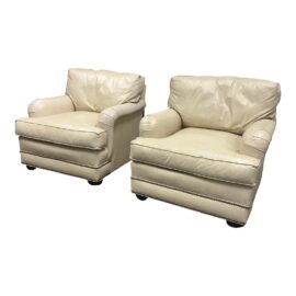 Smith & Gaines English Traditional Leather Wrapped Lounge Chairs With Nailhead Trim, Pair