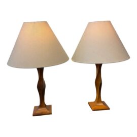 Vintage Mid Century Modern Twisted Teak Wood Table Lamps, Pair