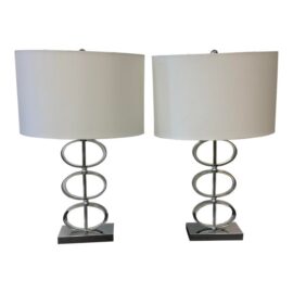 Contemporary Chrome + Lucite Table Lamps, Pair