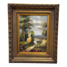 Vintage Giltwood Sunny Day on Open Road Canvas Oil on Painting, Signed
