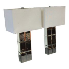 Hollywood Regency Mirrored Glass Paned Table Lamps, Pair