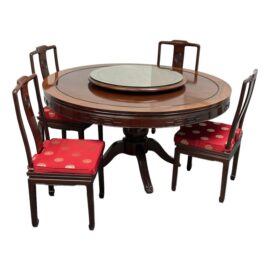 Vintage Asian Rosewood Round Dining Table + Four Chairs, Set