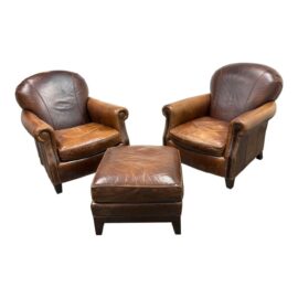 Crate & Barrel Cognac Leather Club Chairs + Briarwood Ottoman, Set of Three
