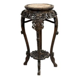 Antique Chinese Carved Wood + Marble Inset Tabaret