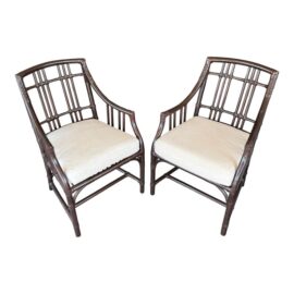 McGuire Furniture Balboa Bamboo + Leather Wrap Arm Chairs, Pair. Original Price: $2,900