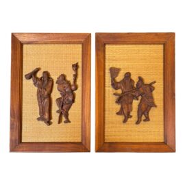 Vintage Taiwanese Carved Teak Figural Art, Pair