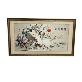 Vintage."Hundred Birds" Silk Embroidered Panel, Framed