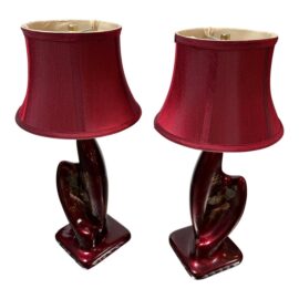 Vintage Ruby Red Epoxy Table Lamps + Chinoiserie Gold Paint, Pair