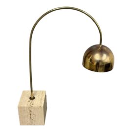 Mid 20th Century Harvey Guzzini Travertine With Brass Arc Table Lamp