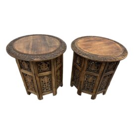 Balinese Carved Collapsing Hexagon Side Tables, Pair