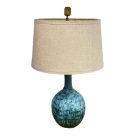 Glossy Teal Ceramic Gourd Table Lamp With Linen Drum Shade