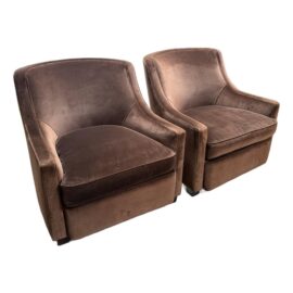 Custom Design Slope Arm Velvet Club Chairs, Pair. Original Price: $2,800