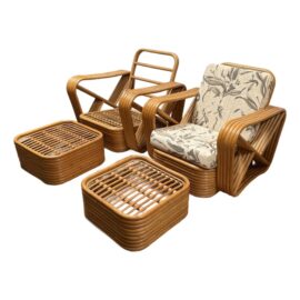 Paul Frankl 1950's Style Bent Rattan Chairs + Ottomans, Pair