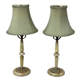 Vintage Art Deco Green Onyx Table Lamps, Pair