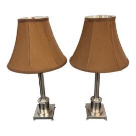 Polished Nickel Corinthian Style Column Table Lamps, Pair