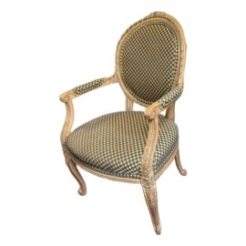 Antique French Louis XVI Round Arm Chair With Yellow/Navy Upholstery