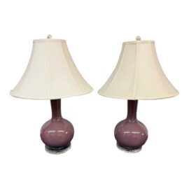 Glossy Mauve Gourd Table Lamps, Pair