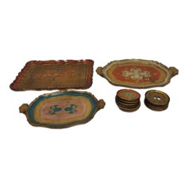 Vintage Italian Florentine Serving Trays, Salt & Pepper Shakers, + Ten Coasters, Serving Set of Fifteen