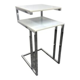Modern C-Style White Lacquer + Chrome Side Table
