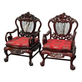 Vintage Qing Dynasty Style Carved Rosewood + Marble Arm Chairs, Pair