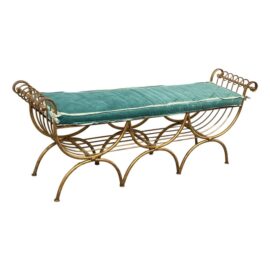 Hollywood Regency Italian Curule Gilt Wrought Iron Bench Seat With Turquoise Cushion
