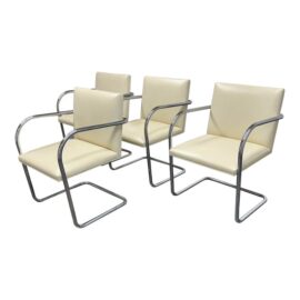 Ludwig Mies Van Der Rohe for Knoll Studio Tubular Brno Leather + Cantilvever Chrome Arm Chairs, Set of Four. Original Price: $25,500