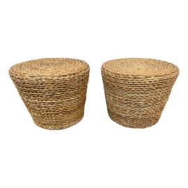 Woven Rattan Side Tables, Pair