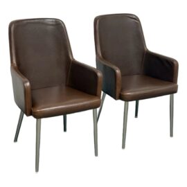 C B2 Aragon Brown Leather + Steel Frame Dining Arm Chairs, Pair. Original Price: $740