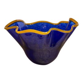 In the Style of Dennis Mullen Cobalt Blue Vase With Yellow Trim