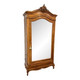 Antique French Mahogany Veneer + Oak Wood Armoire With Mirrored Door