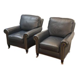 Hancock & Moore Reserve Navy Blue Leather Lounge Chairs, Pair. Original Price: $5,400