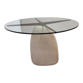 Caleb Zipperer for CB2 Round White Concrete Dining Table + Glass Top. Original Price: $1,050