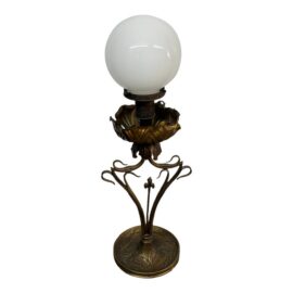 1970s Art Nouveau Floral Brass + Glass Globe Table Lamp