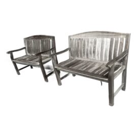Outdoor Teak Wood Arm Benches, Pair