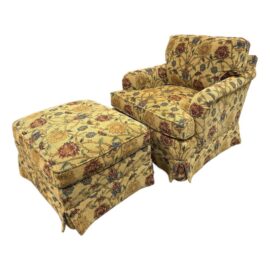 Baker Furniture Floral Arm Chair + Ottoman With Casters