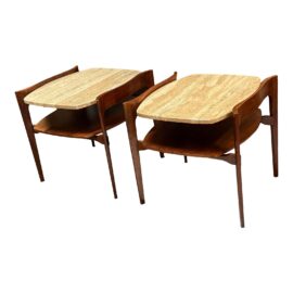 Pair of Walnut + Travertine End Tables by Bertha Schaefer. Original Price: $4,995